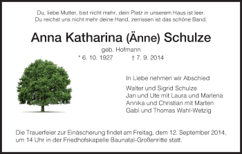 Traueranzeige von Anna Katharina Schulze von HNA