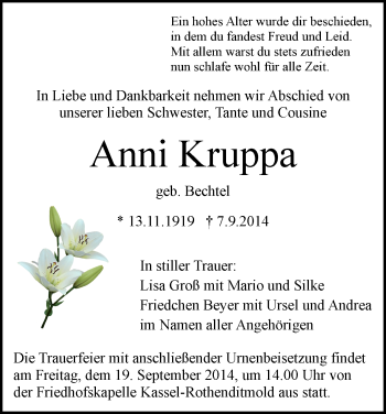 Traueranzeige von Anni Kruppa von HNA