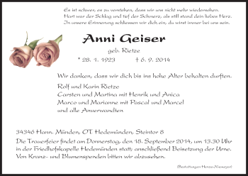 Traueranzeige von Anni Geiser von HNA