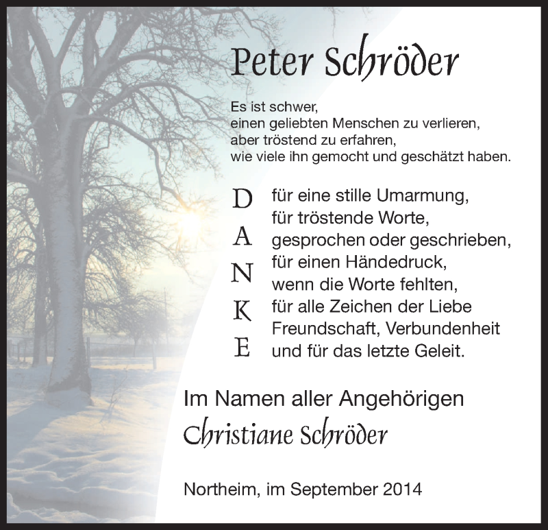  Traueranzeige für Peter Schröder vom 13.09.2014 aus HNA