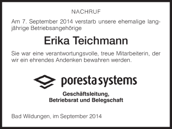 Traueranzeige von Erika Teichmann von HNA