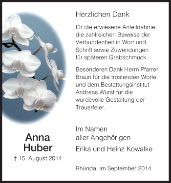 Traueranzeige von Anna Huber von HNA