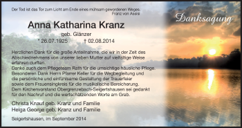 Traueranzeige von Anna Katharina Kranz von HNA