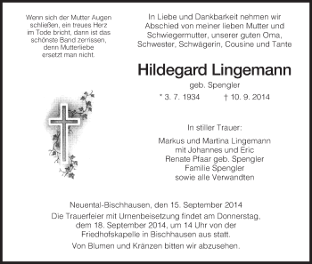 Traueranzeige von Hildegard Lingemann von HNA