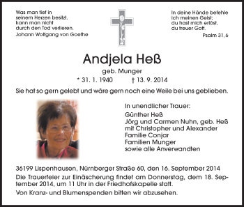 Traueranzeige von Andjela Heß von HNA