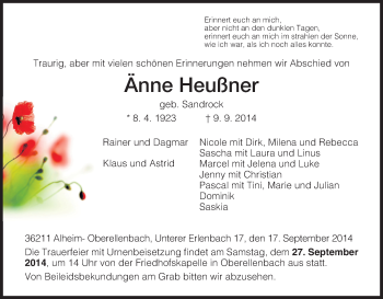 Traueranzeige von Änne Heußner von HNA