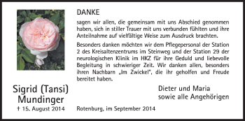 Traueranzeige von Sigrid Mundinger von HNA