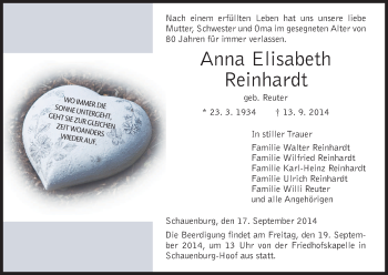 Traueranzeige von Anna Elisabeth Reinhardt von HNA