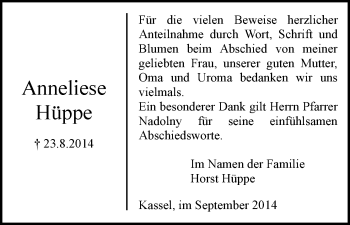 Traueranzeige von Anneliese Hüppe von HNA