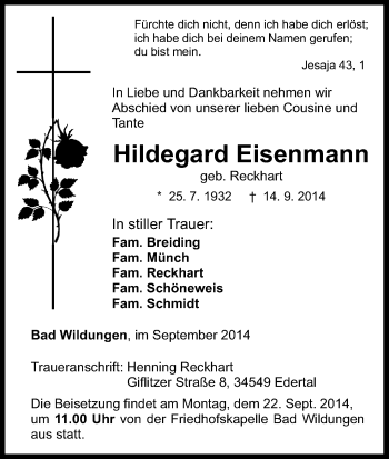 Traueranzeige von Hildegard Eisenmann von HNA