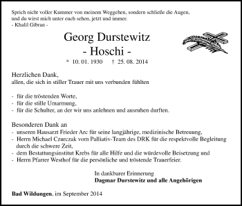 Traueranzeige von Georg Durstewitz von HNA