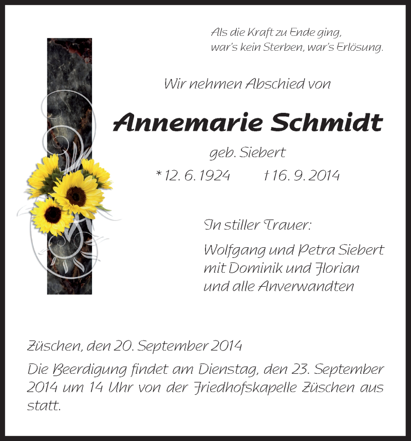  Traueranzeige für Annemarie Schmidt vom 20.09.2014 aus HNA