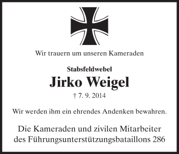 Traueranzeige von Jirko Weigel von HNA