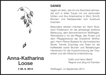 Traueranzeige von Anna-Katharina Loose von HNA