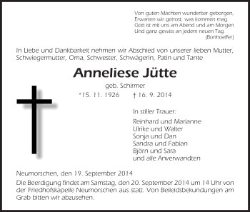 Traueranzeige von Anneliese Jütte von HNA