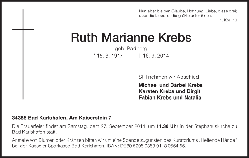  Traueranzeige für Ruth Marianne Krebs vom 19.09.2014 aus HNA