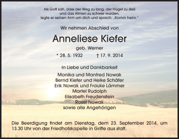 Traueranzeige von Anneliese Kiefer von HNA