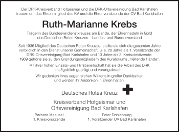 Traueranzeige von Ruth-Marianne Krebs von HNA