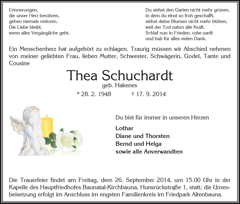  Traueranzeige für Thea Schuchardt vom 23.09.2014 aus HNA