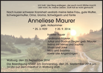 Traueranzeige von Anneliese Maurer von HNA