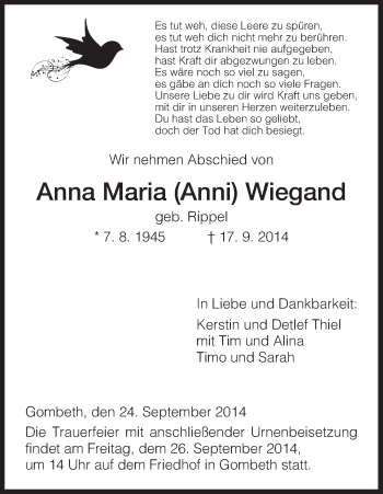 Traueranzeige von Anna Maria Wiegand von HNA