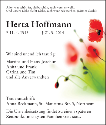 Traueranzeige von Herta Hoffmann von HNA