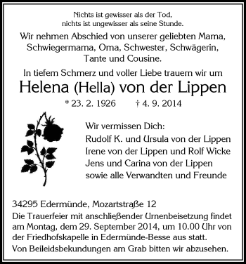 Traueranzeige von Helena Hella von der Lippen von HNA