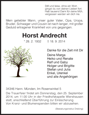 Traueranzeige von Horst Andrecht von HNA