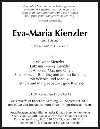 Traueranzeige von Eva-Maria Kienzler von HNA