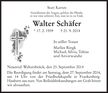 Traueranzeige von Walter Schäfer von HNA