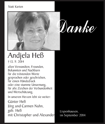 Traueranzeige von Andjela Heß von HNA
