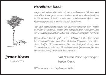 Traueranzeige von Franz Kraus von HNA