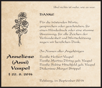 Traueranzeige von Anneliese Vautpel von HNA