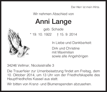 Traueranzeige von Anni Lange von HNA