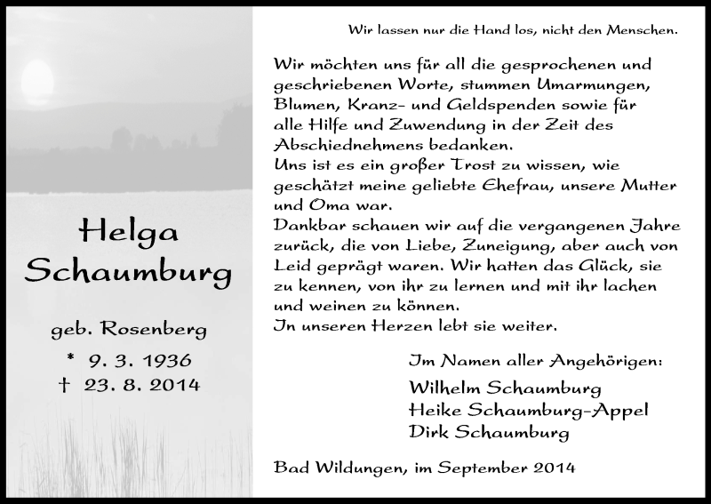  Traueranzeige für Helga Schaumburg vom 27.09.2014 aus HNA