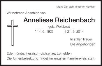 Traueranzeige von Anneliese Reichenbach von HNA