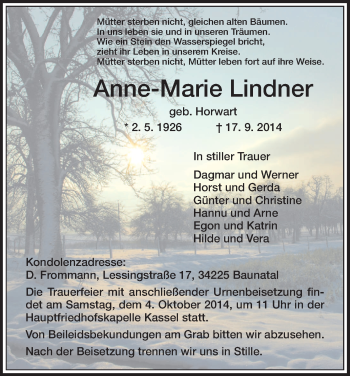 Traueranzeige von Anne-Marie Lindner von HNA