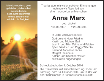 Traueranzeige von Anna Marx von HNA