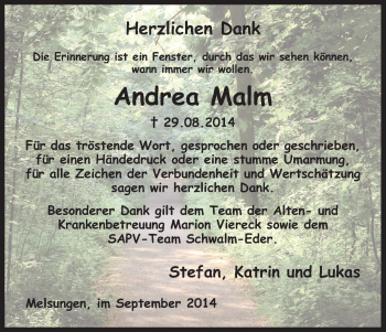 Traueranzeige von Andrea Malm von HNA