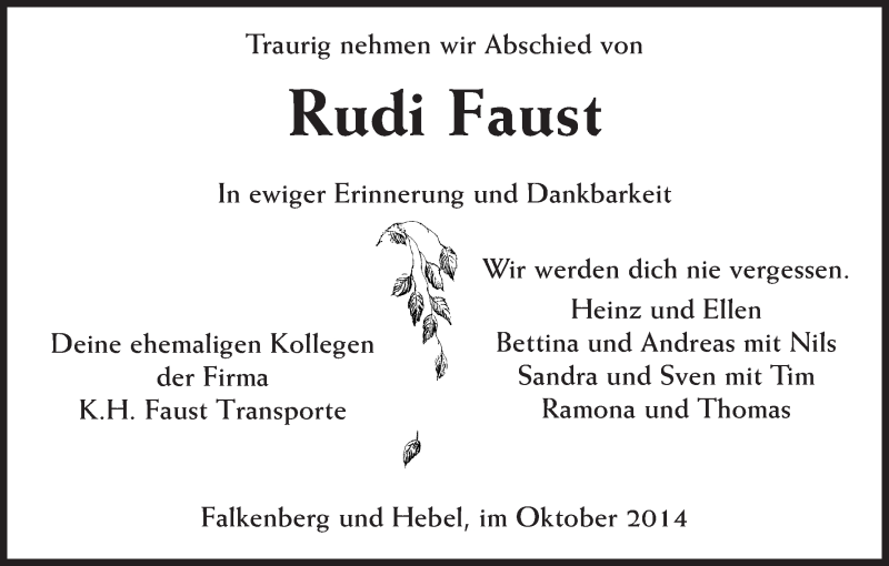  Traueranzeige für Rudi Faust vom 01.10.2014 aus HNA
