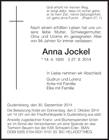 Traueranzeige von Anna Jockel von HNA