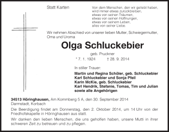 Traueranzeige von Olga Schluckebier von HNA