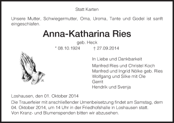 Traueranzeige von Anna-Katharina Ries von HNA