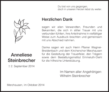 Traueranzeige von Anneliese Steinbrecher von HNA