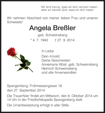 Traueranzeige von Angela Breßler von HNA