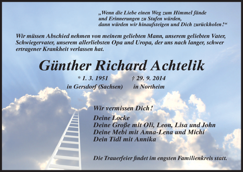  Traueranzeige für Günther Richard Achtelik vom 03.10.2014 aus HNA
