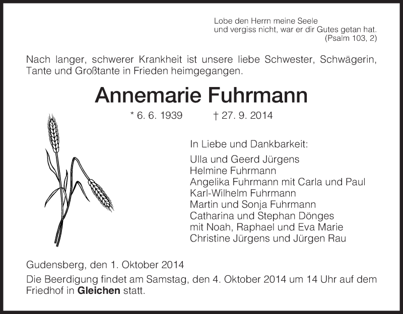  Traueranzeige für Annemarie Fuhrmann vom 01.10.2014 aus HNA