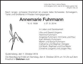Traueranzeige von Annemarie Fuhrmann von HNA
