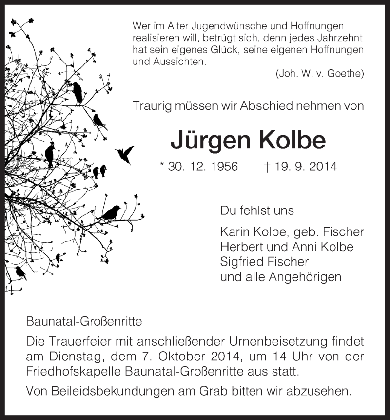  Traueranzeige für Jürgen Kolbe vom 01.10.2014 aus HNA