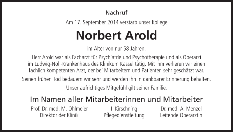  Traueranzeige für Norbert Arold vom 01.10.2014 aus HNA
